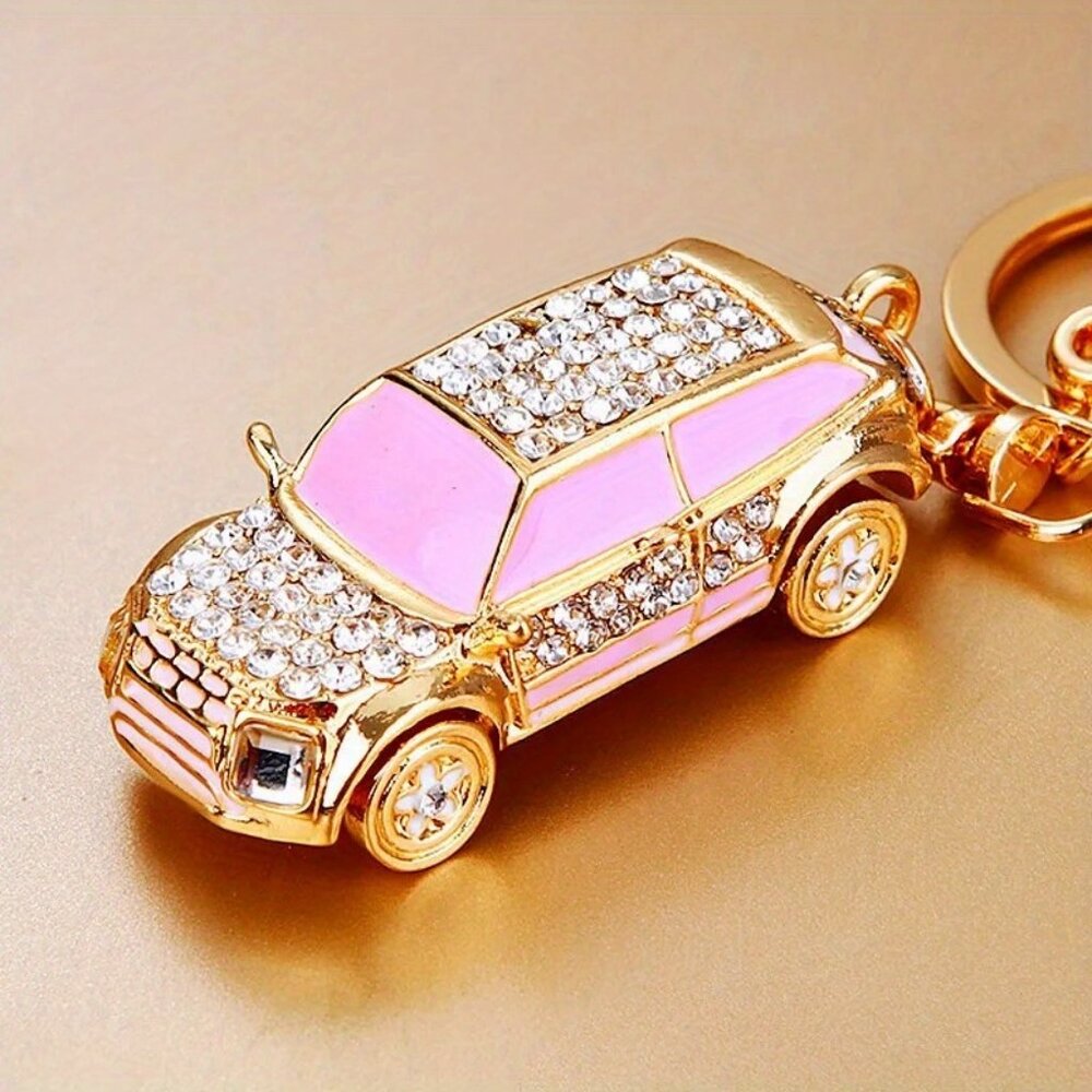 Pink Bedazzled SUV Bag Charm Keychain with Lock - Picture 1 of 1